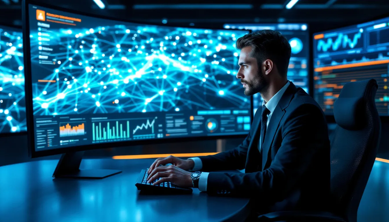 A cybersecurity expert monitoring network security on a computer.