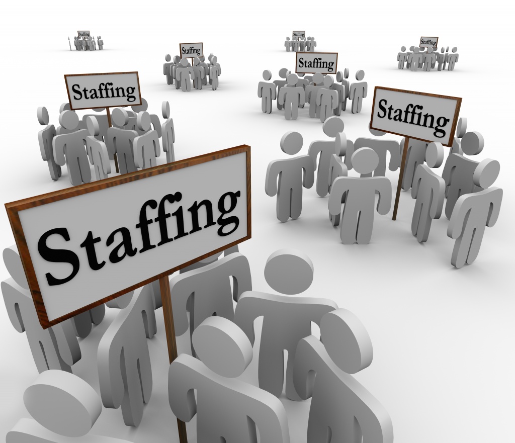 Grey people figures stand in separate clusters, each holding a sign saying "Staffing".