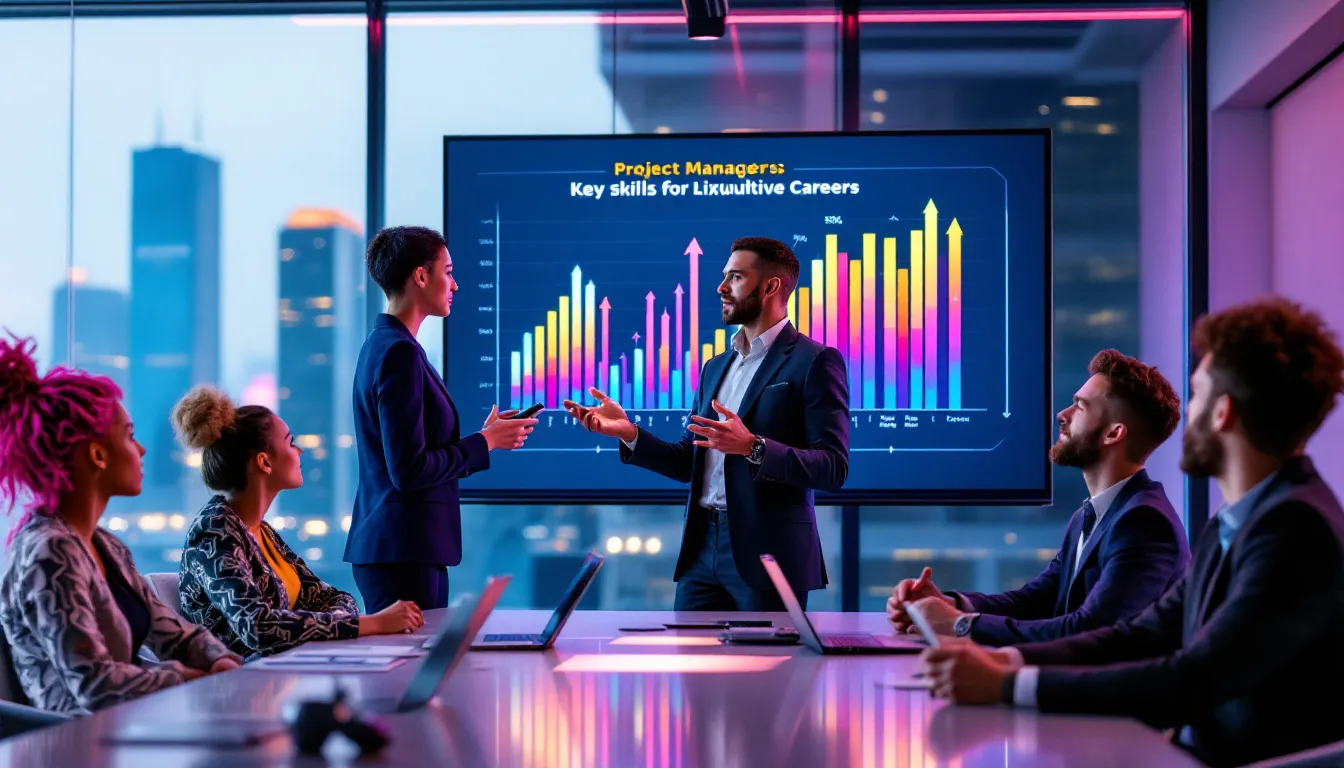 A project manager leading a team meeting, highlighting skills for lucrative careers.